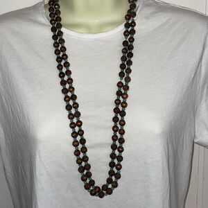 Very Long teal & copper color rose bead necklace